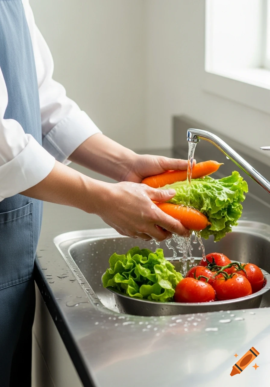 A person in an apron washes carrots and lettuce under running water in a stainless steel kitchen sink, with tomatoes nearby.
