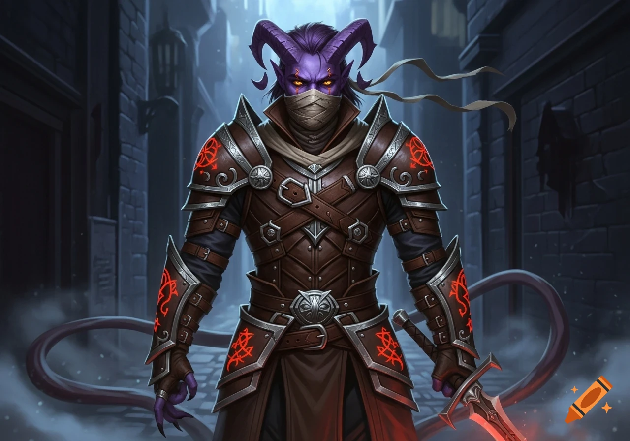 A purple-skinned Tiefling male in dark leather and metal armor, with a cloth mask and glowing yellow eyes, holds a glowing sword in a dark alley.