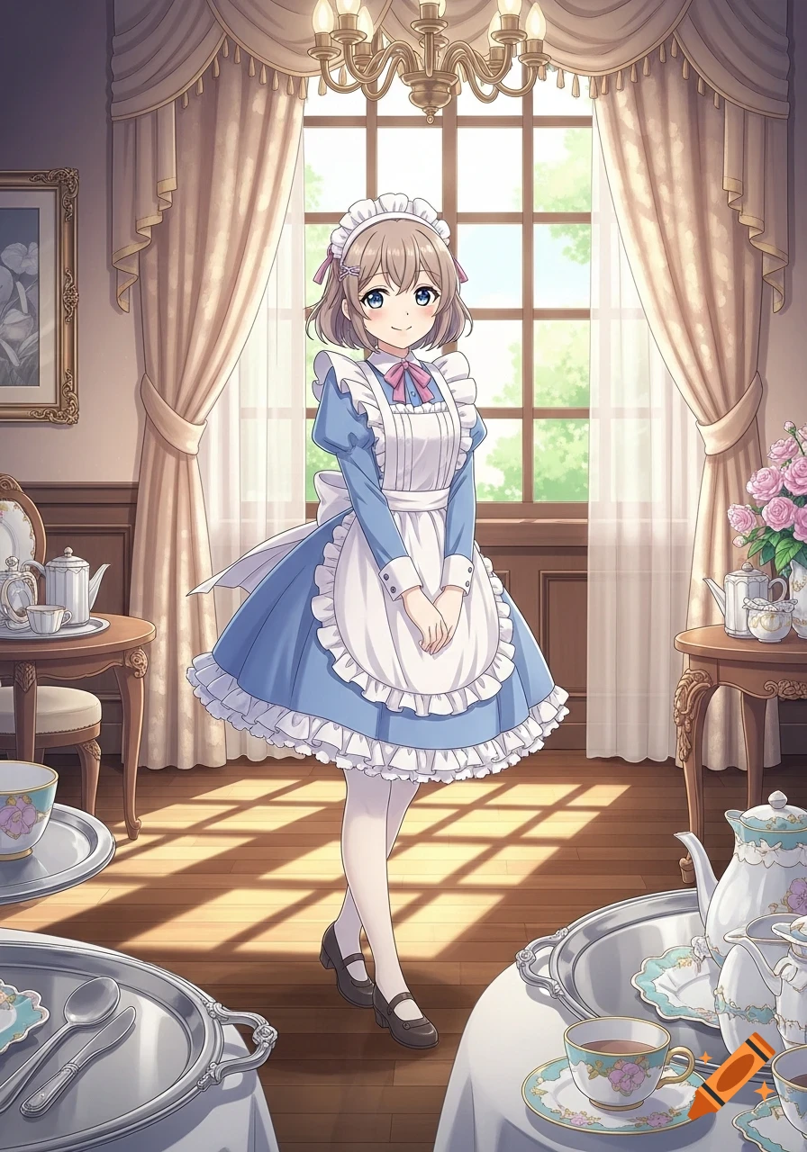 An anime maid in a blue dress and white apron stands smiling in a sunny room with tea sets.