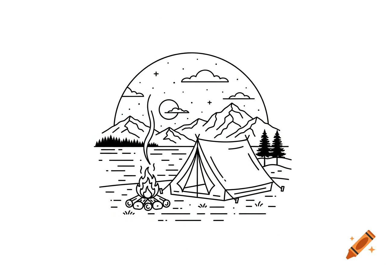 Line art illustration of a camping scene with a tent, campfire, lake, and mountains under a starry sky.