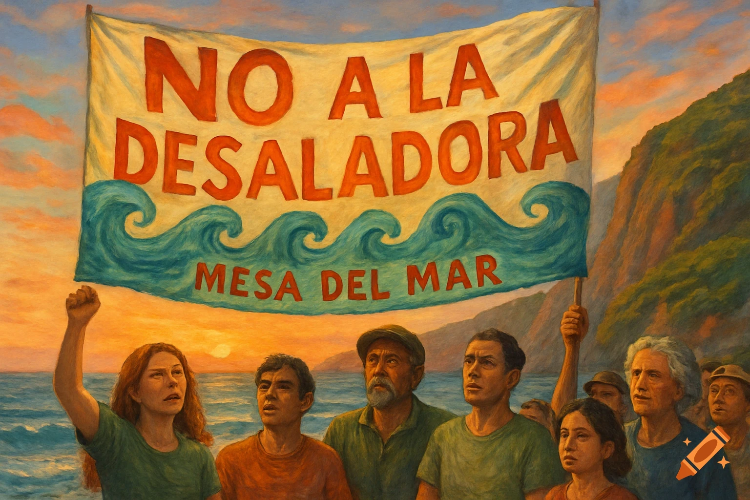 A painted scene of a diverse group of people protesting on a beach at sunset, holding a banner that reads 'NO A LA DESALADORA MESA DEL MAR'.