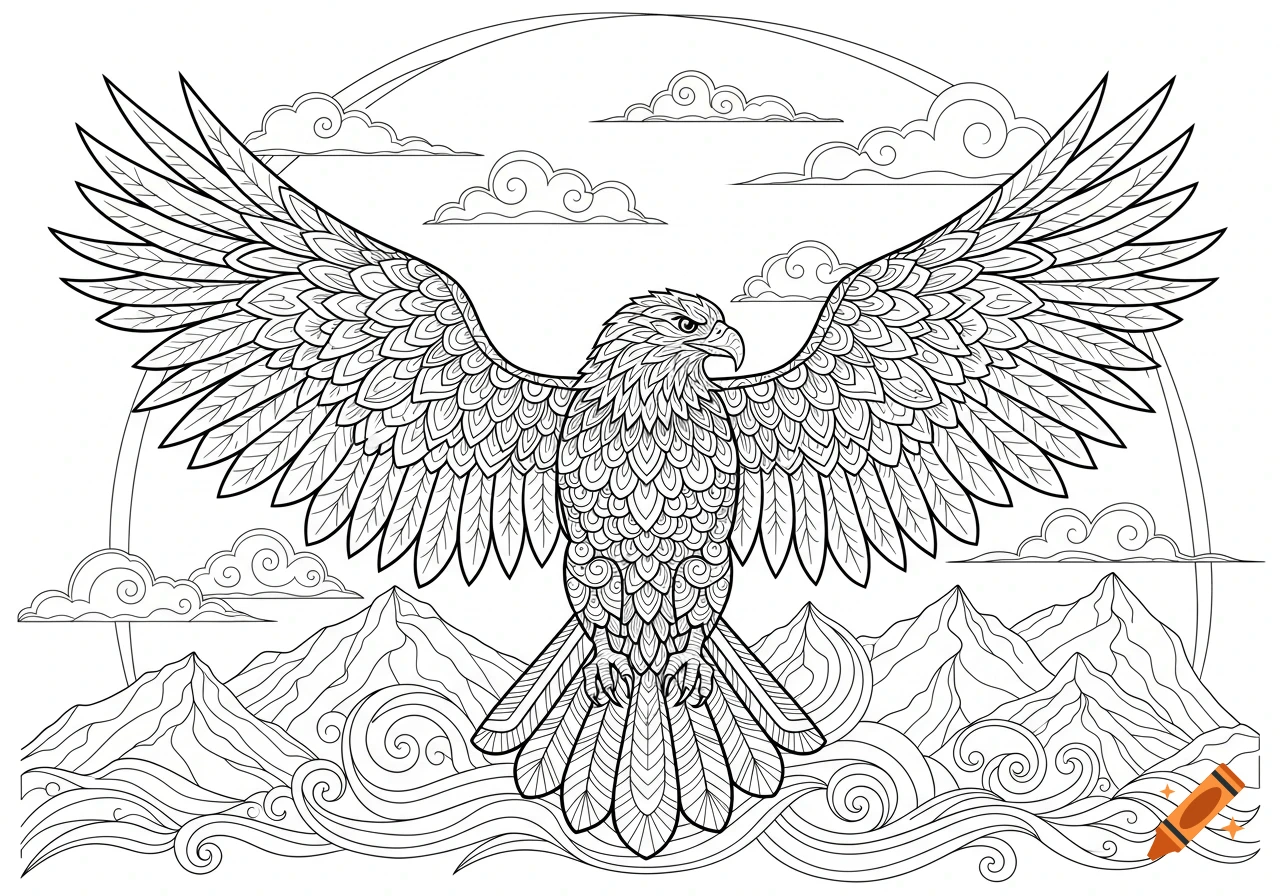 An intricate black and white mandala coloring page featuring a majestic eagle with wings spread, soaring over mountains and waves under a cloudy sky.