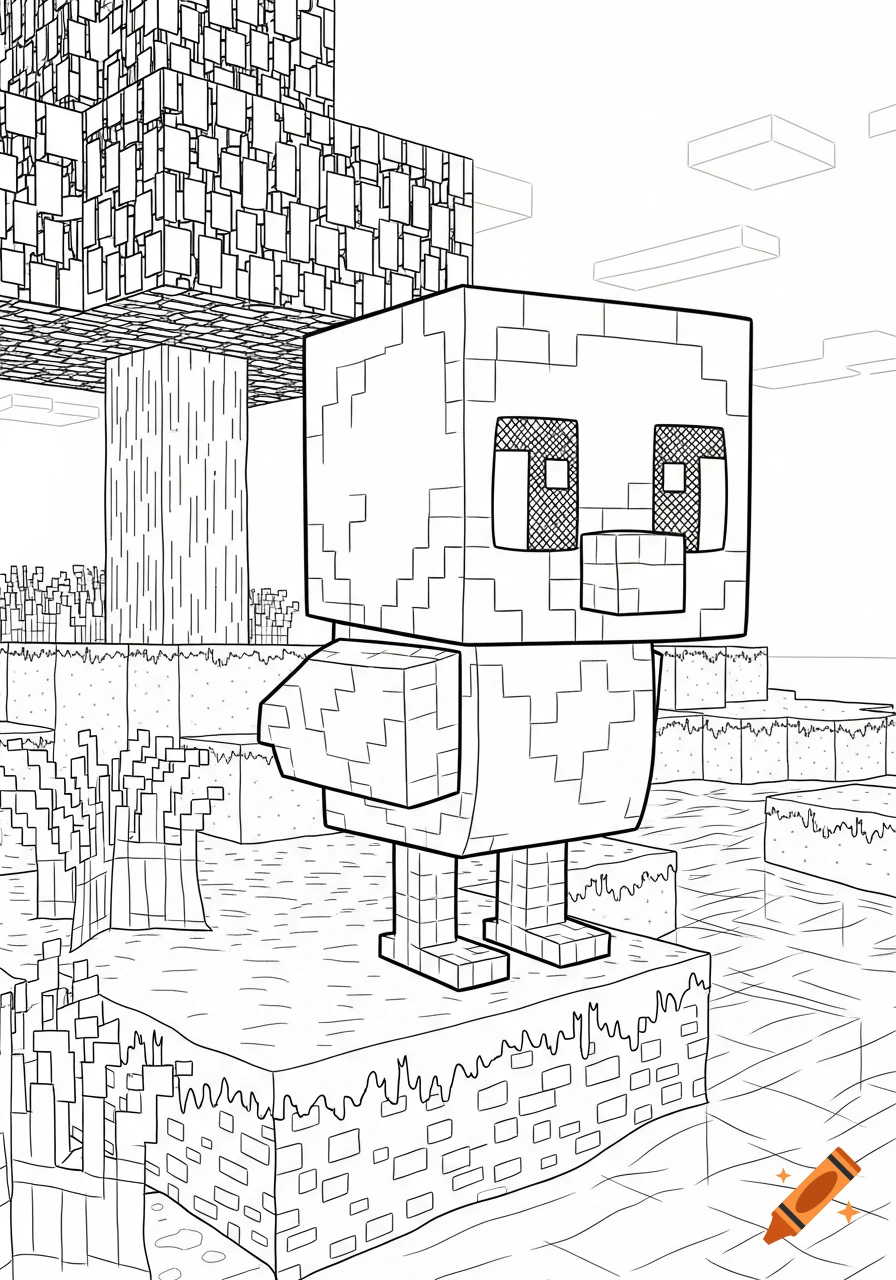 Minecraft coloring page featuring a blocky chicken character with a Steve-like head in a pixelated landscape.