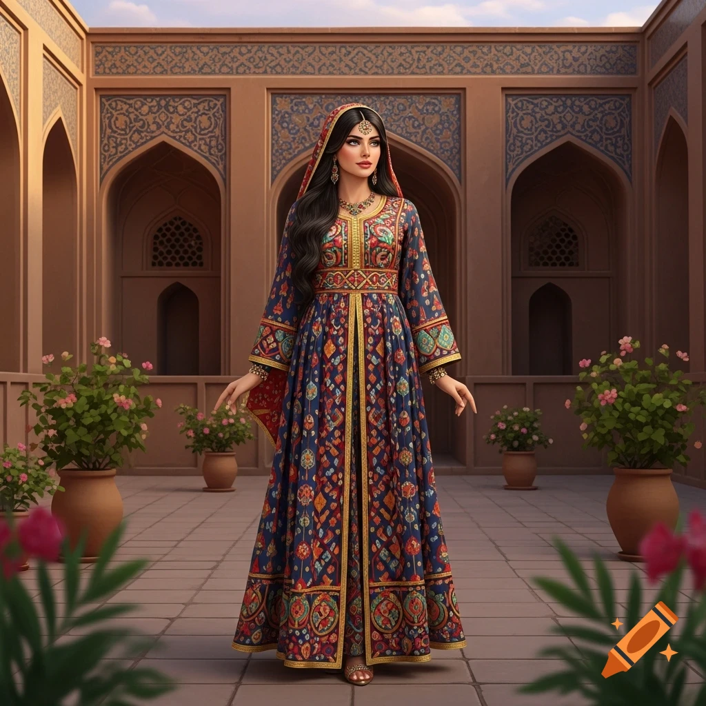 A woman in a beautiful, colorful, patterned traditional Sistani dress stands in an ornate courtyard.