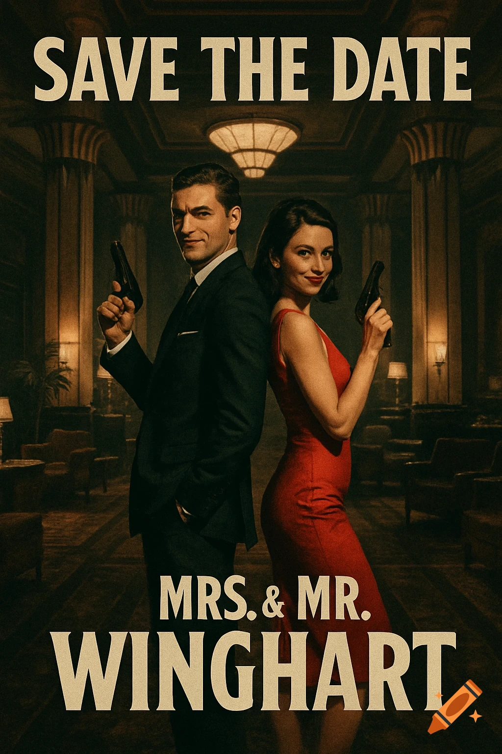 Movie poster for 'Save the Date Mrs. & Mr. Winghart' with a spy couple holding guns in an Art Deco hotel.
