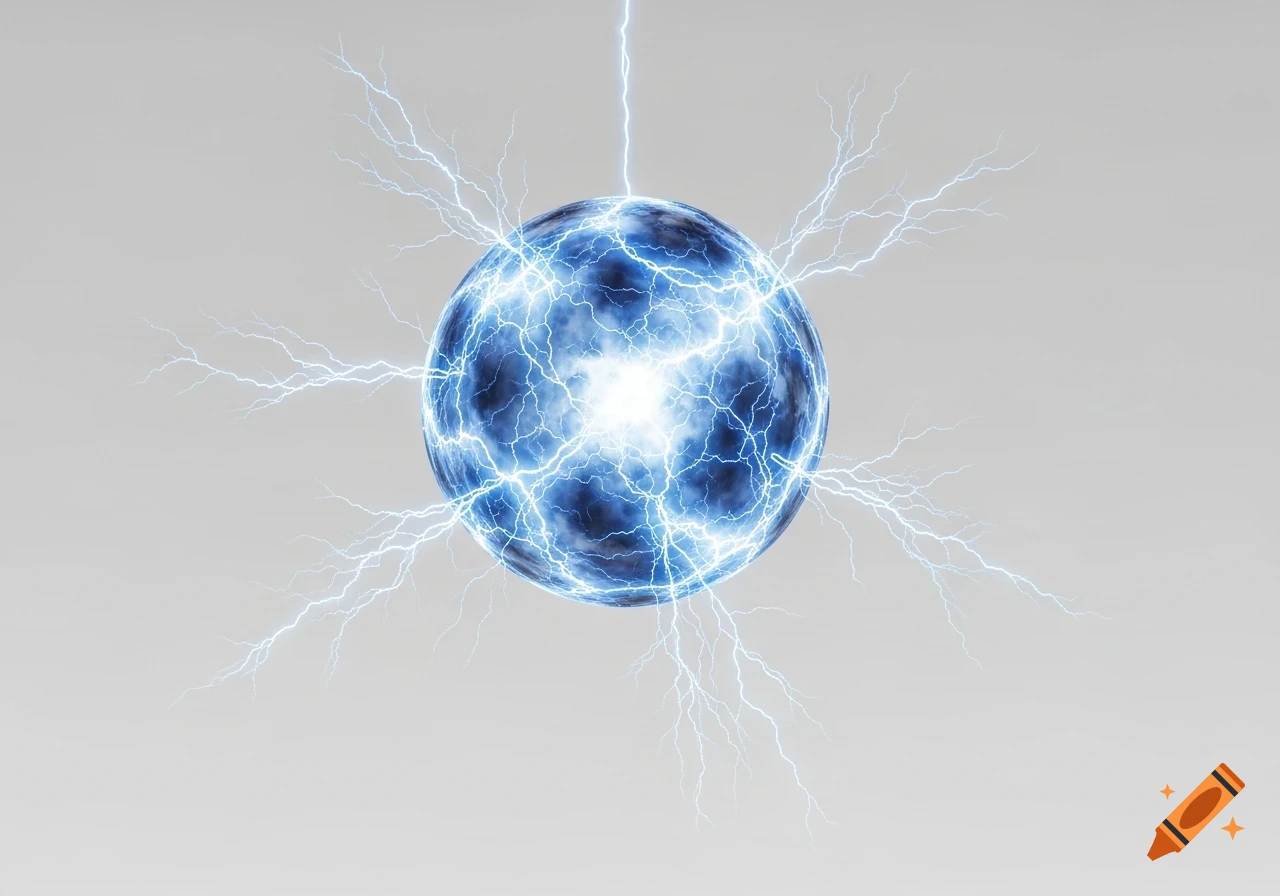 A blue sphere crackling with bright white and blue lightning against a light gray background.