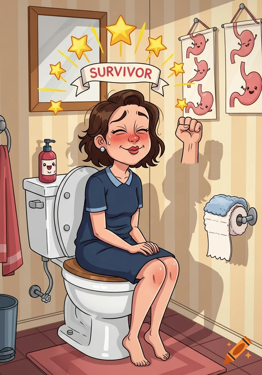 A cartoon woman with rosy cheeks sits on a toilet, looking proud and relieved. Above her head, a banner reads "SURVIVOR" with golden stars. Anatomical stomach diagrams hang on the striped bathroom wall.