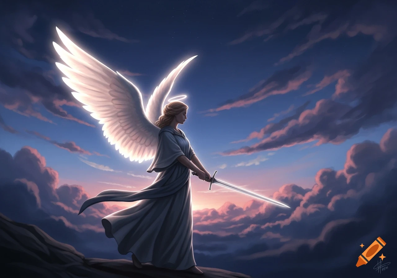 An angelic figure with large glowing wings and a halo, holding a sword, stands on a cliff against a dramatic twilight sky with clouds.