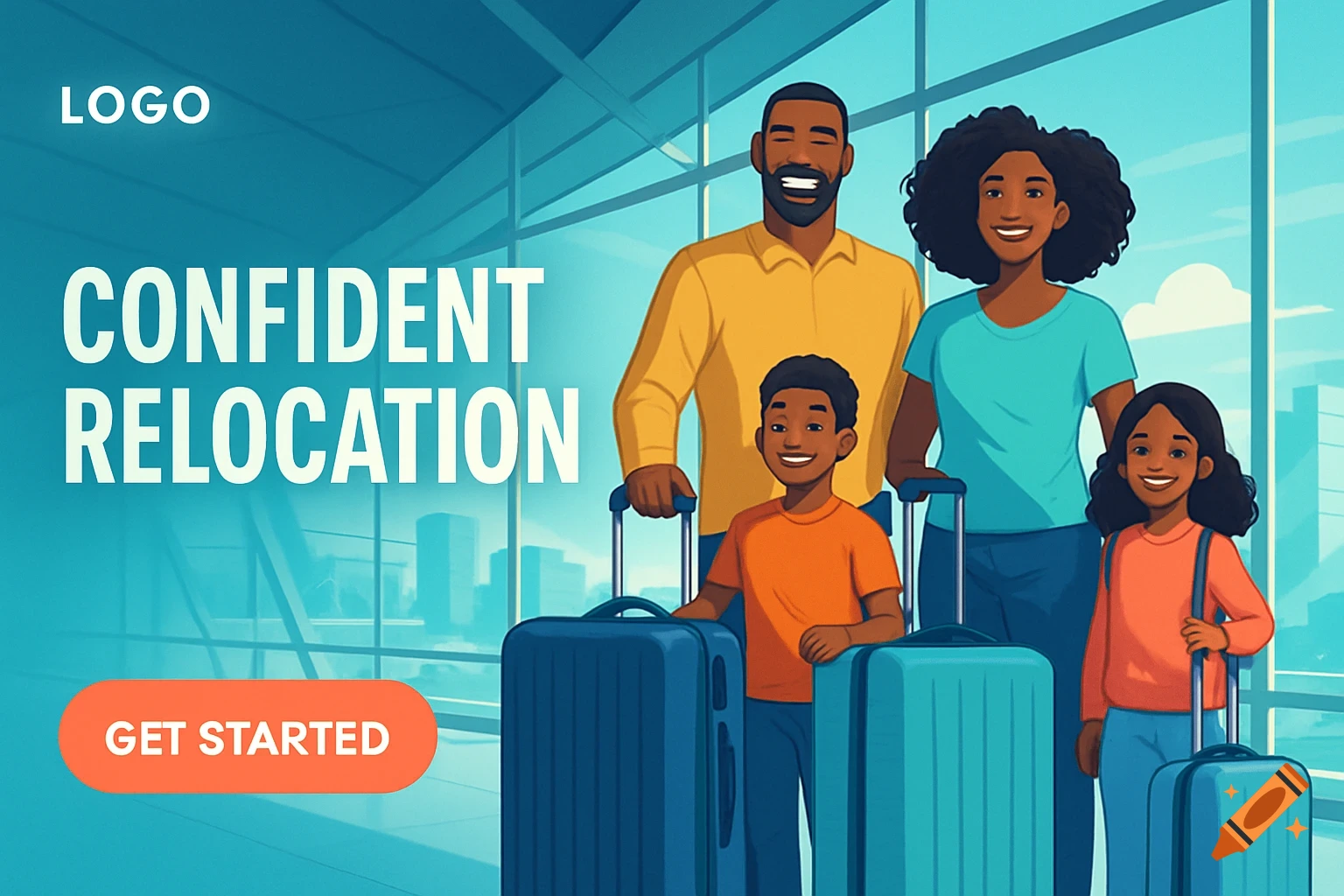An illustration of a smiling family (two adults, two children) with suitcases in an airport, with text 'CONFIDENT RELOCATION' and 'GET STARTED' on an advertising banner.