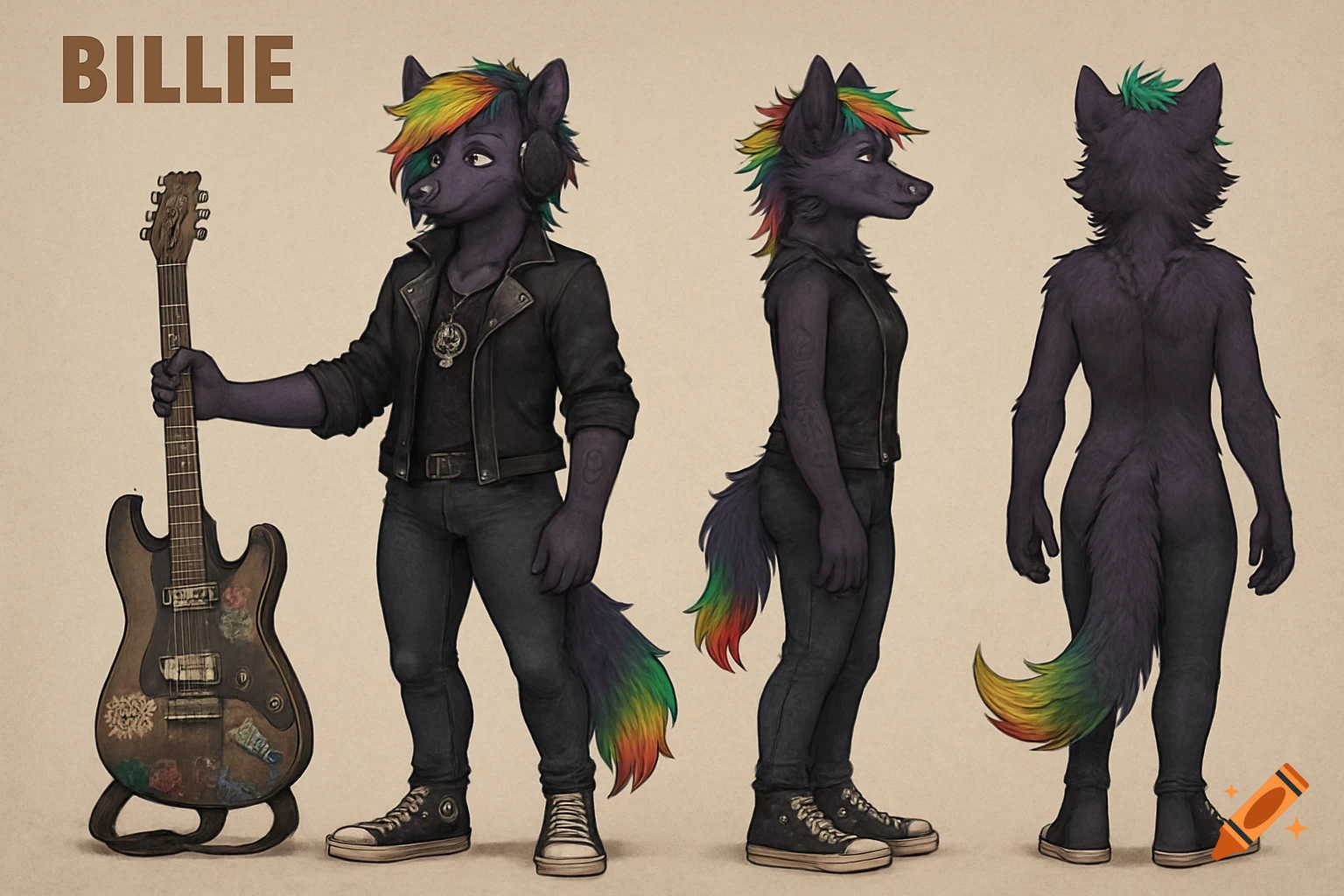 A full-body reference sheet for Billie, a dark purple wolf fursona with rainbow hair and tail, wearing punk clothes and holding an electric guitar.