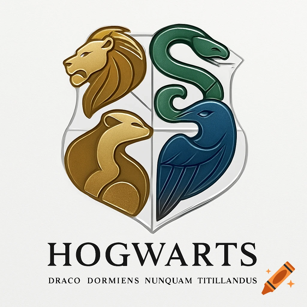 Modern Hogwarts crest featuring stylized gold lion, badger, green snake, blue raven on a shield, with 'HOGWARTS' text on a white background.