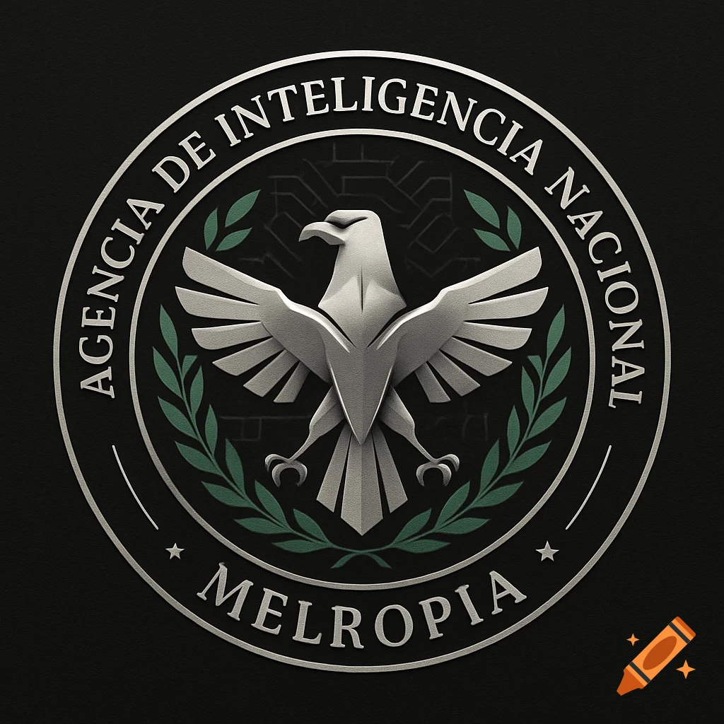 A circular silver and dark green logo featuring a stylized eagle, olive branches, and the text "AGENCIA DE INTELIGENCIA NACIONAL MELROPIA".