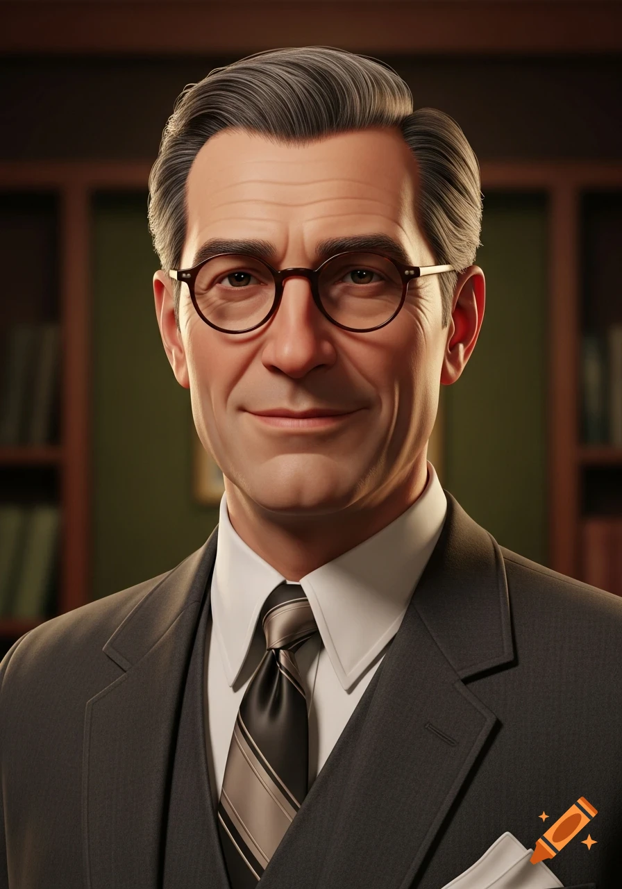 A digital art portrait of a kind-looking, middle-aged man in a 50s-style suit and glasses with graying hair, against a blurred bookshelf.
