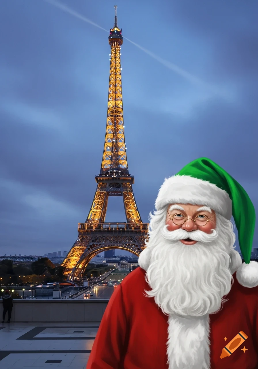 Illustrated Santa Claus wearing a green hat smiles in front of the illuminated Eiffel Tower in Paris at dusk.