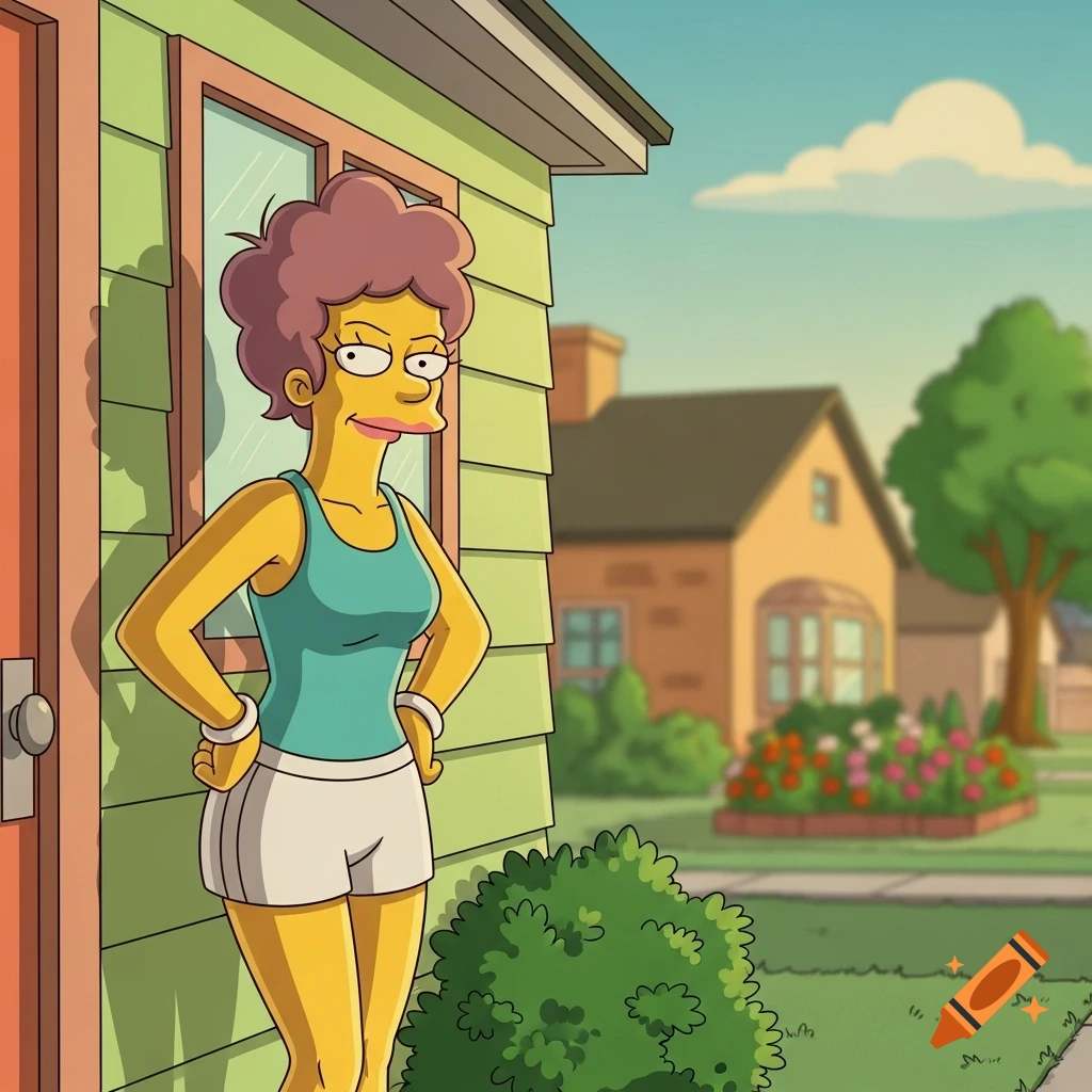 Ruth Powers, a yellow-skinned woman with red curly hair, wears a teal tank top and white shorts, standing hands on hips in The Simpsons style.