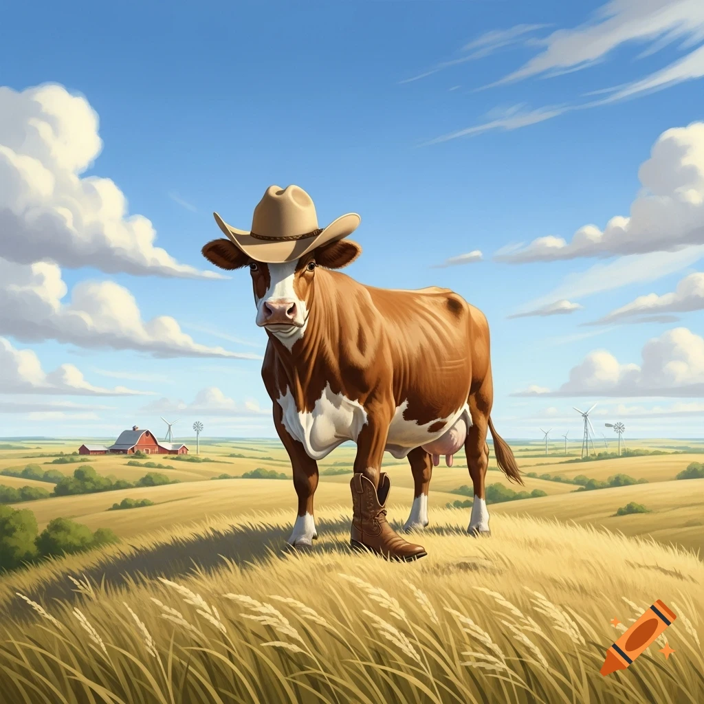 A cartoon-style brown and white cow wearing a cowboy hat and one cowboy boot stands in a sunny golden field, with a red barn and wind turbines in the distance under a blue sky.