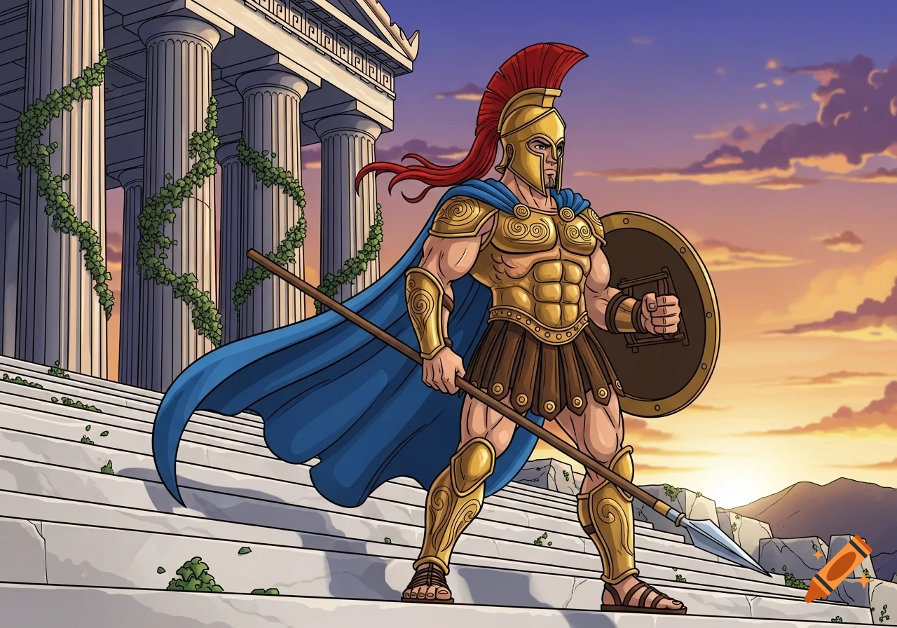 Cartoon Greek warrior in golden armor, blue cape, holding a spear and shield, stands on temple steps at sunset.