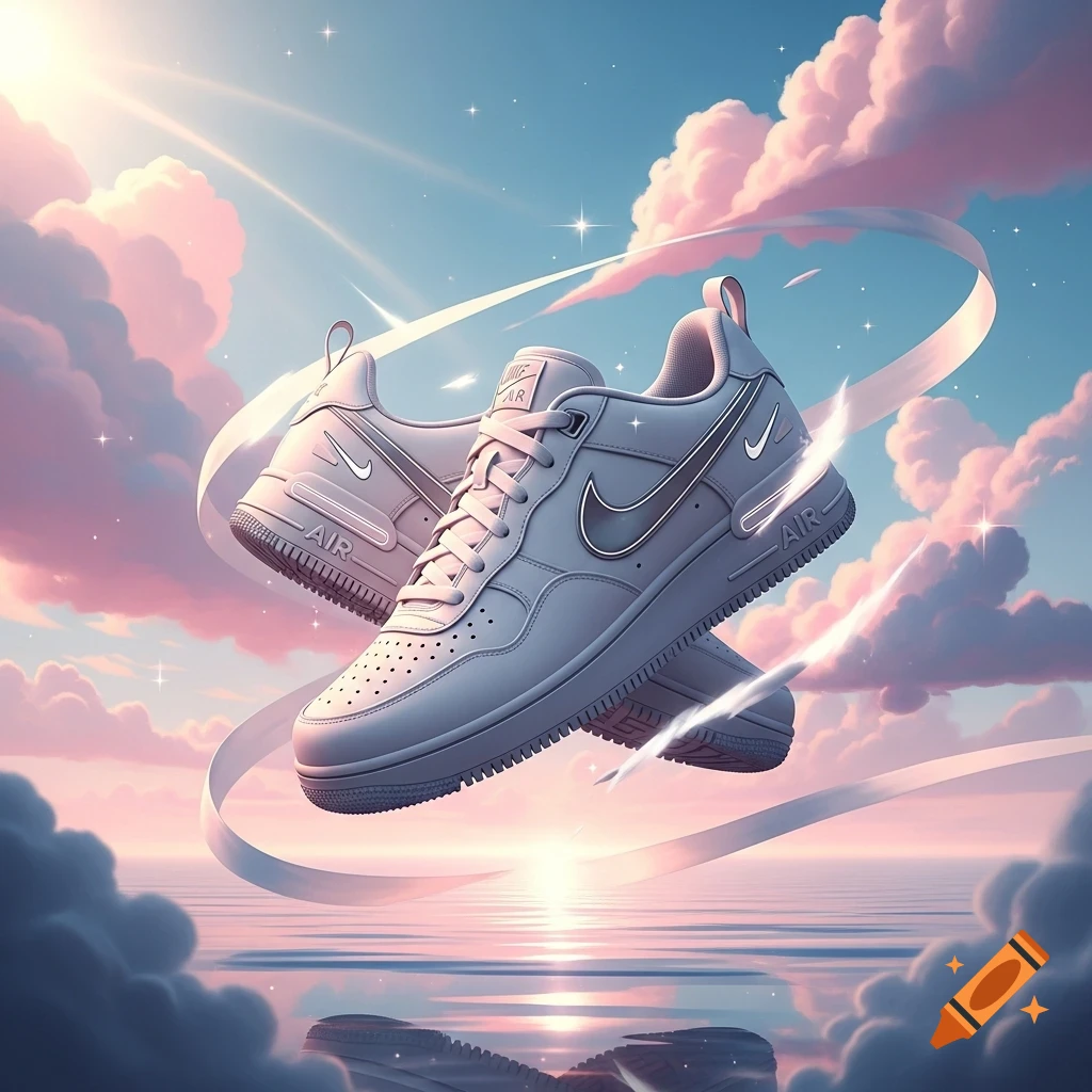 Two light grey Nike Air sneakers float amidst pastel pink clouds and a serene blue sky reflecting on water, with shimmering light.