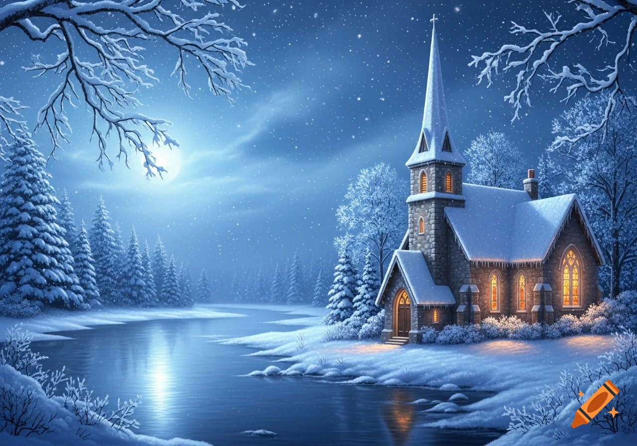 A snow-covered stone church by a moonlit river in a whimsical winter landscape, with frosted trees and falling snow.