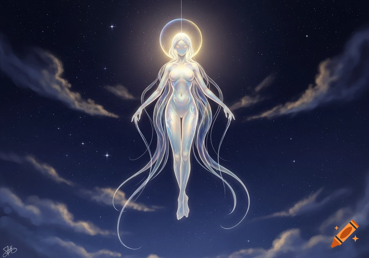 A glowing, pearlescent humanoid figure with long flowing hair-like tendrils floats against a dark starry sky with soft clouds.