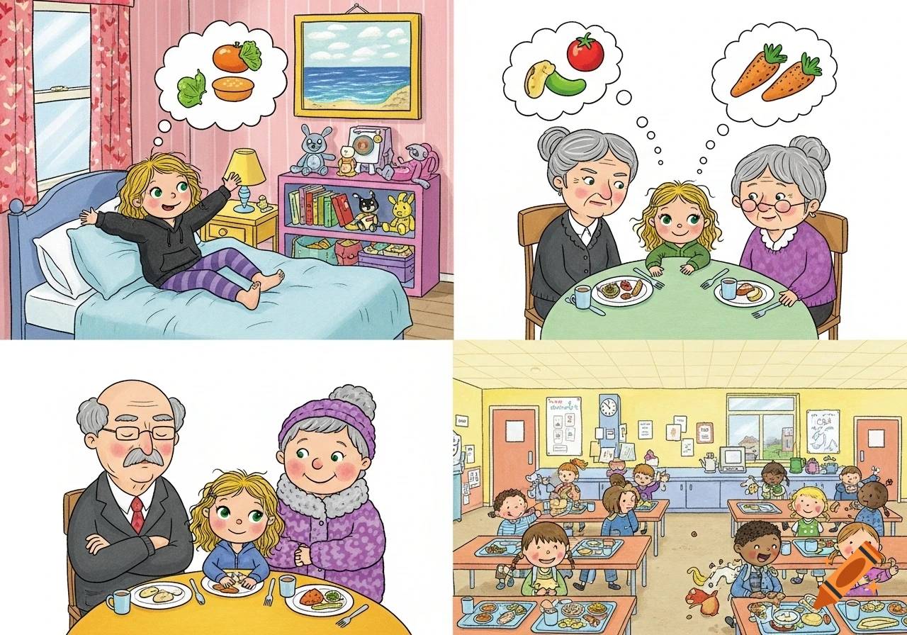A collage of four cartoon illustrations: a girl waking up, a girl with two grandmothers, a girl with a grandfather and grandmother, and children in a busy school lunch hall.