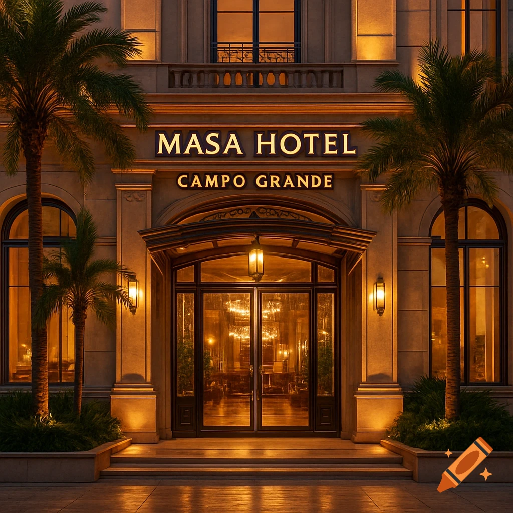 An illuminated grand hotel entrance with "Masa Hotel Campo Grande" signage and palm trees at night, in a photorealistic style.