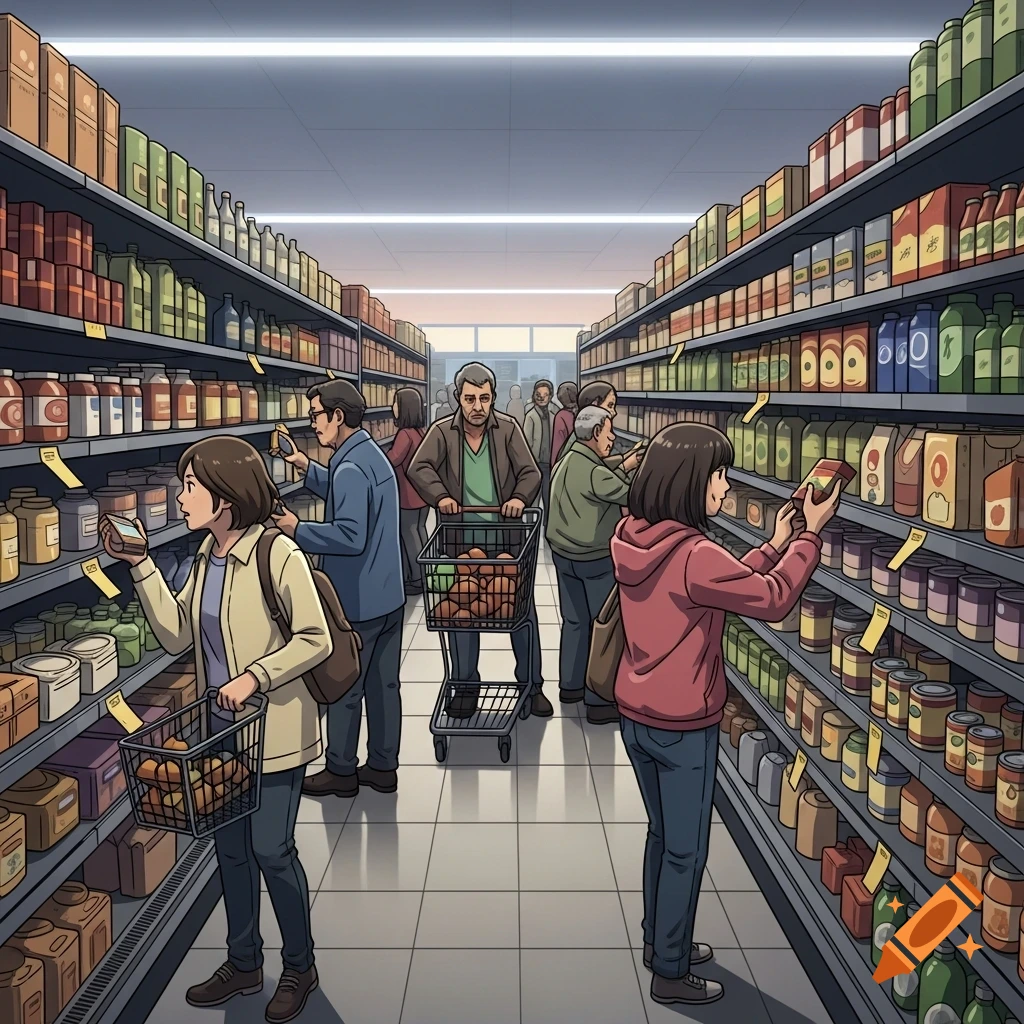 Illustration of people shopping in a brightly lit supermarket aisle, browsing products on shelves.