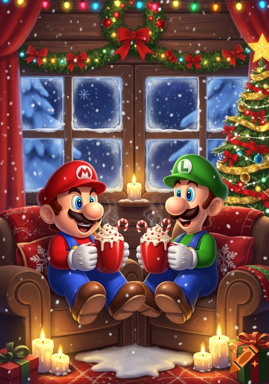 Mario and Luigi sit on a sofa, drinking hot chocolate by a snowy window and Christmas tree in a cozy, festive room.