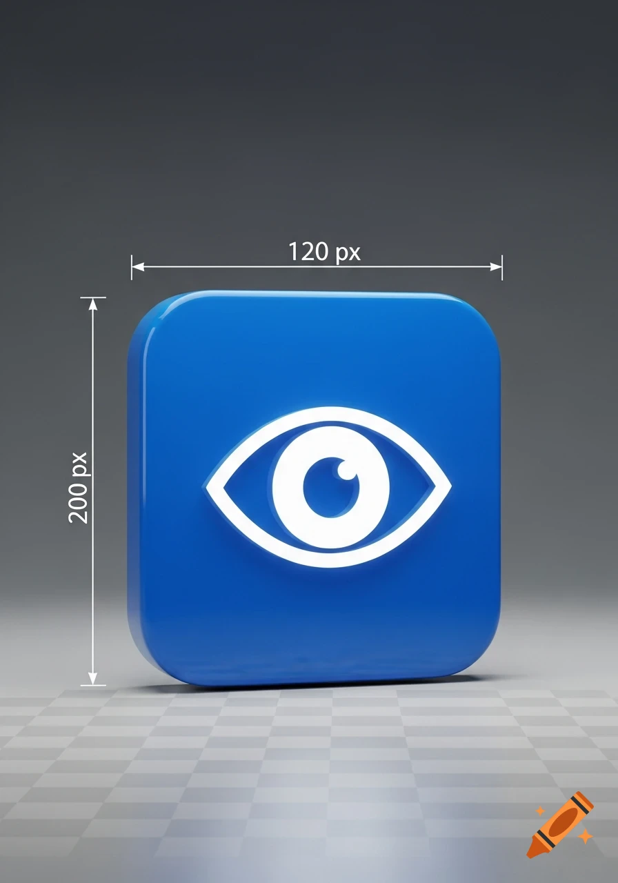 A blue 3D icon with a white eye symbol, indicating dimensions of 120px wide and 200px high.
