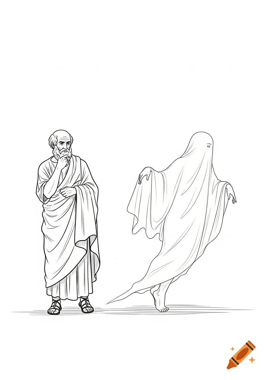 A minimalist black and white line drawing of a philosopher watching a floating ghost.