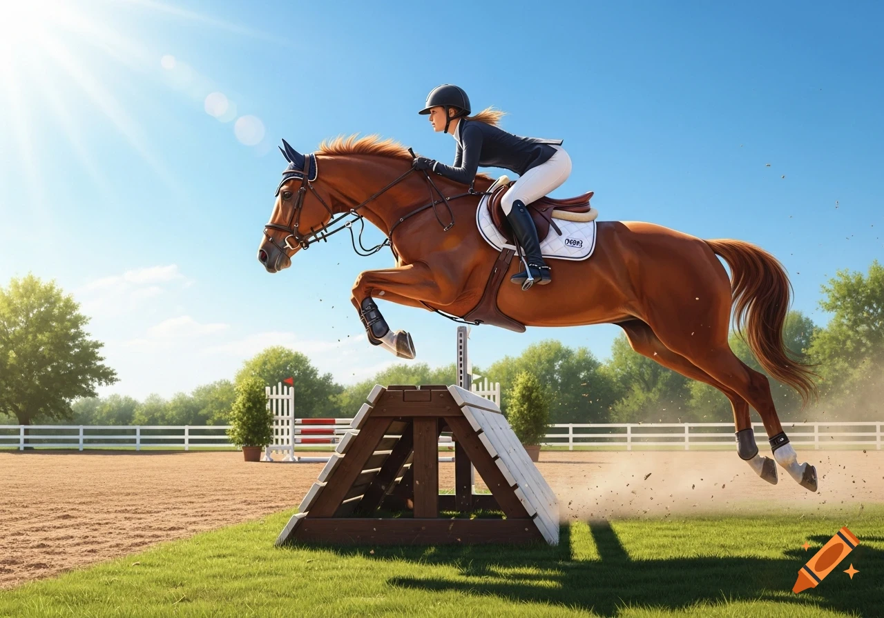 A brown horse with a rider in black helmet and white pants jumps over a wooden obstacle in a sunny outdoor arena.