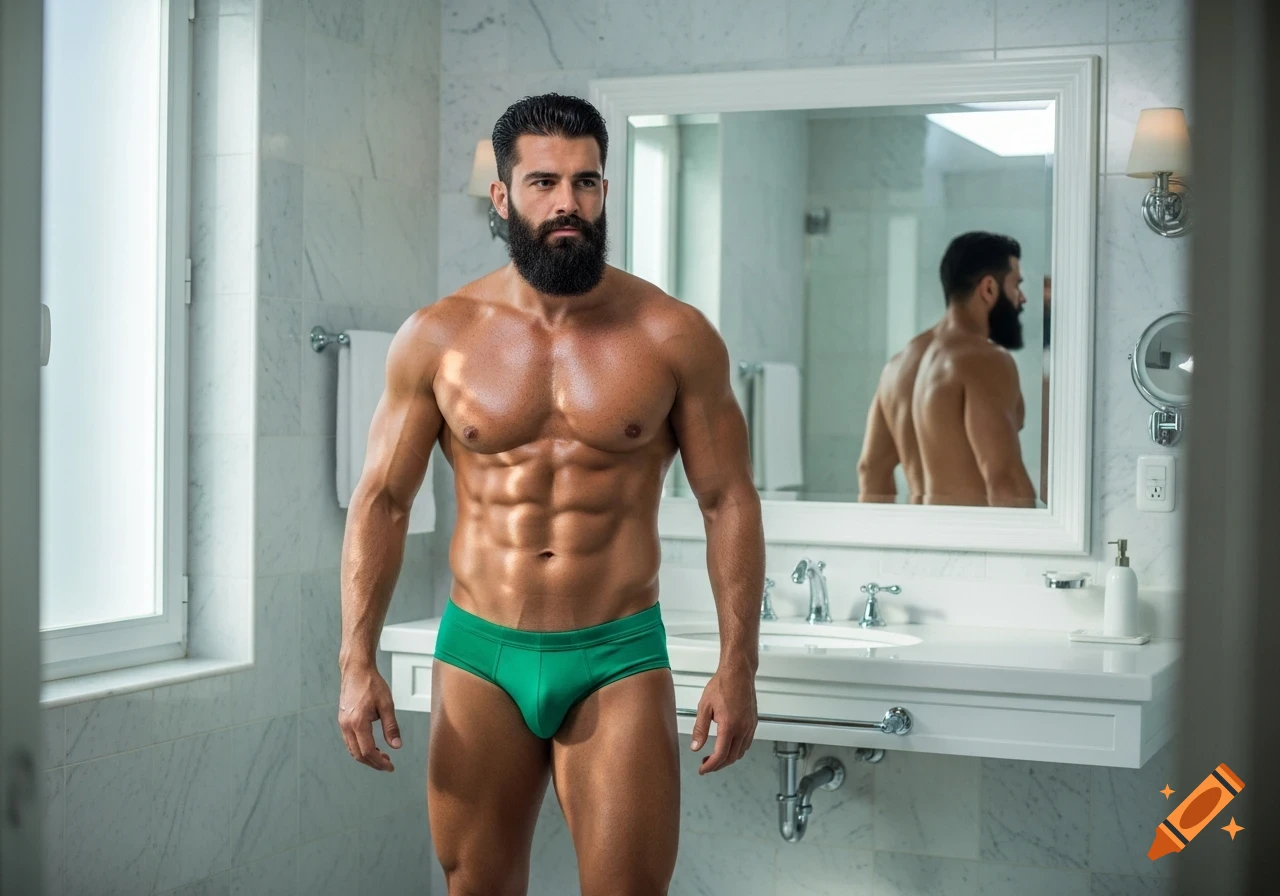 Photorealistic image of a muscular man with a beard and green speedo posing in a white marble bathroom.