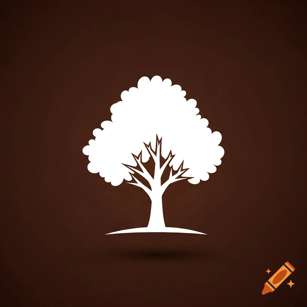 A white simplistic tree icon with a shadow on a dark brown background.