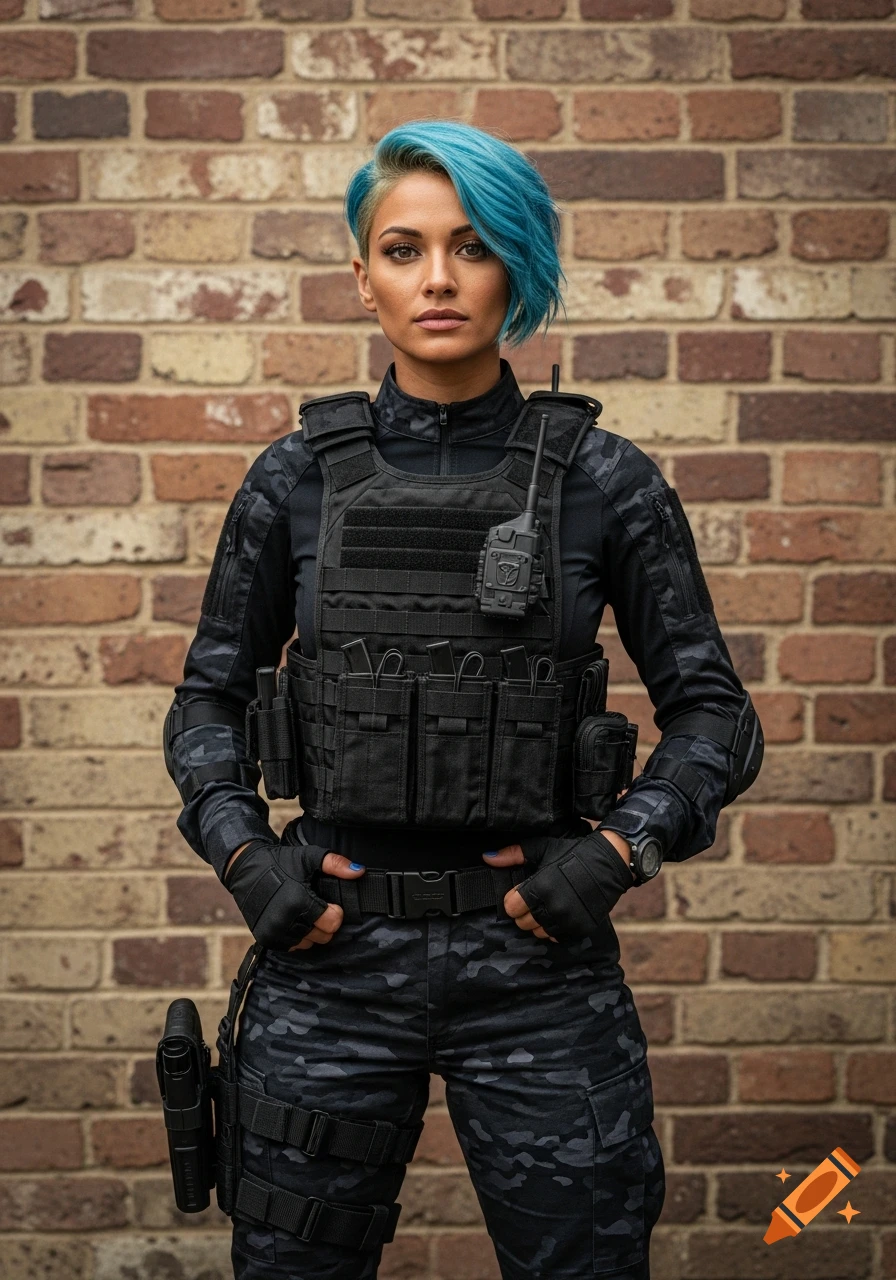 Photorealistic woman with short blue hair in black camouflage tactical uniform and vest, standing against a brick wall.