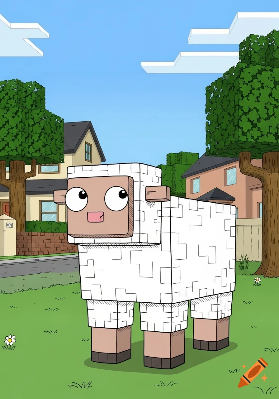 A cartoon Minecraft sheep with wide eyes in the Family Guy style stands in a suburban front yard.