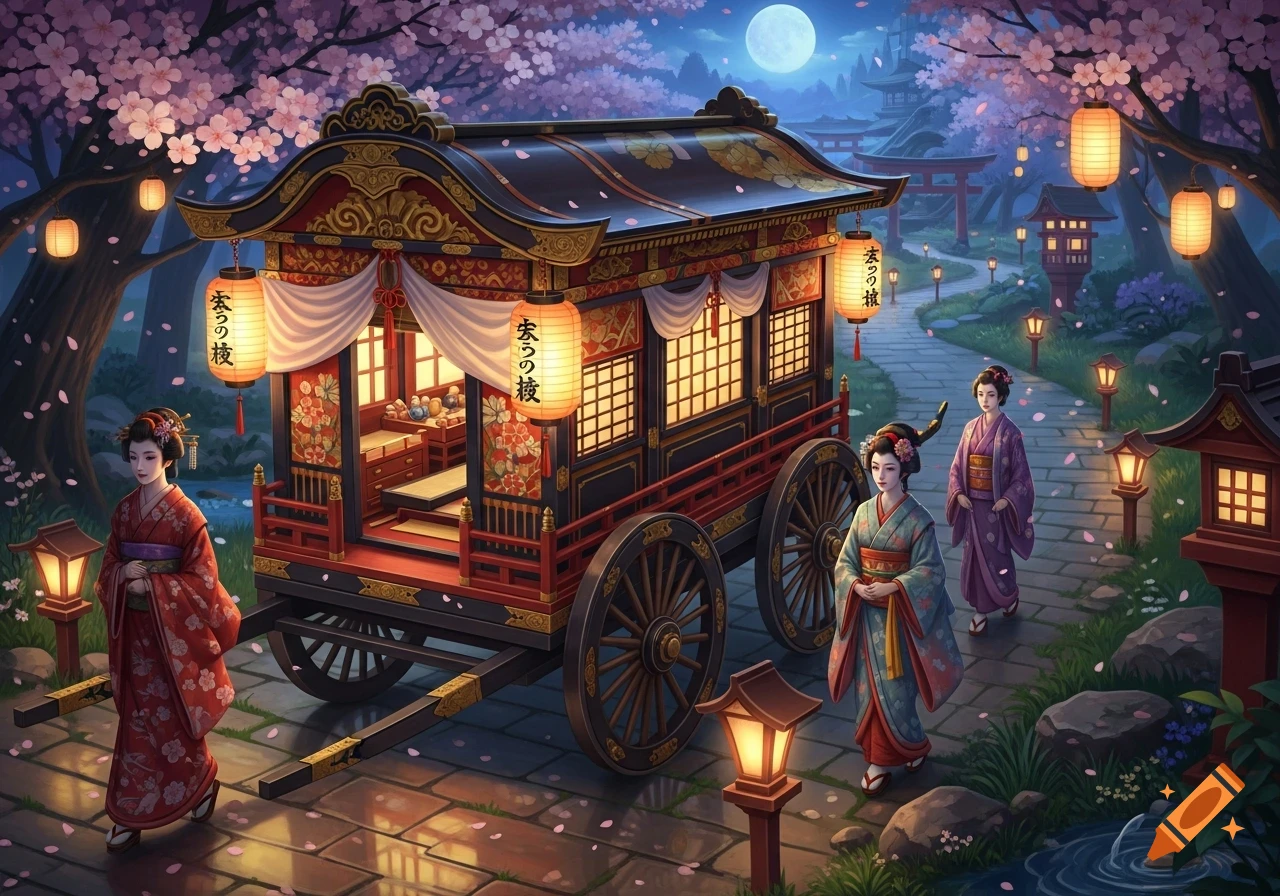 A decorated Japanese cart under cherry blossoms at night, with three women in kimonos walking nearby. Stylized illustration.