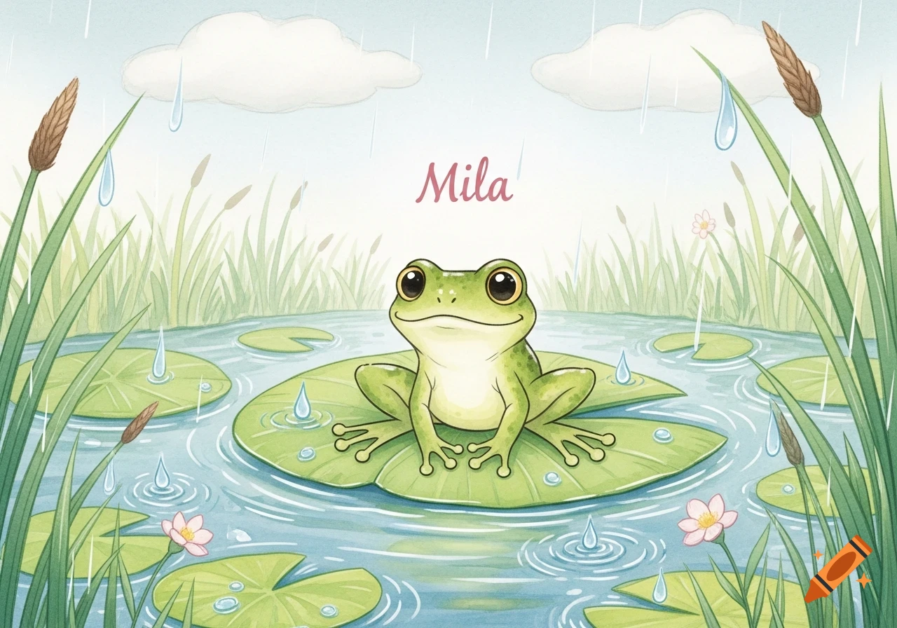 Watercolor illustration of a cute green frog sitting on a lily pad in a pond with light rain and "Mila" written above.
