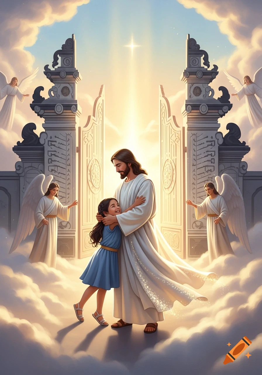 Jesus hugs a happy little girl at the golden gates of heaven, surrounded by angels and clouds in digital art.