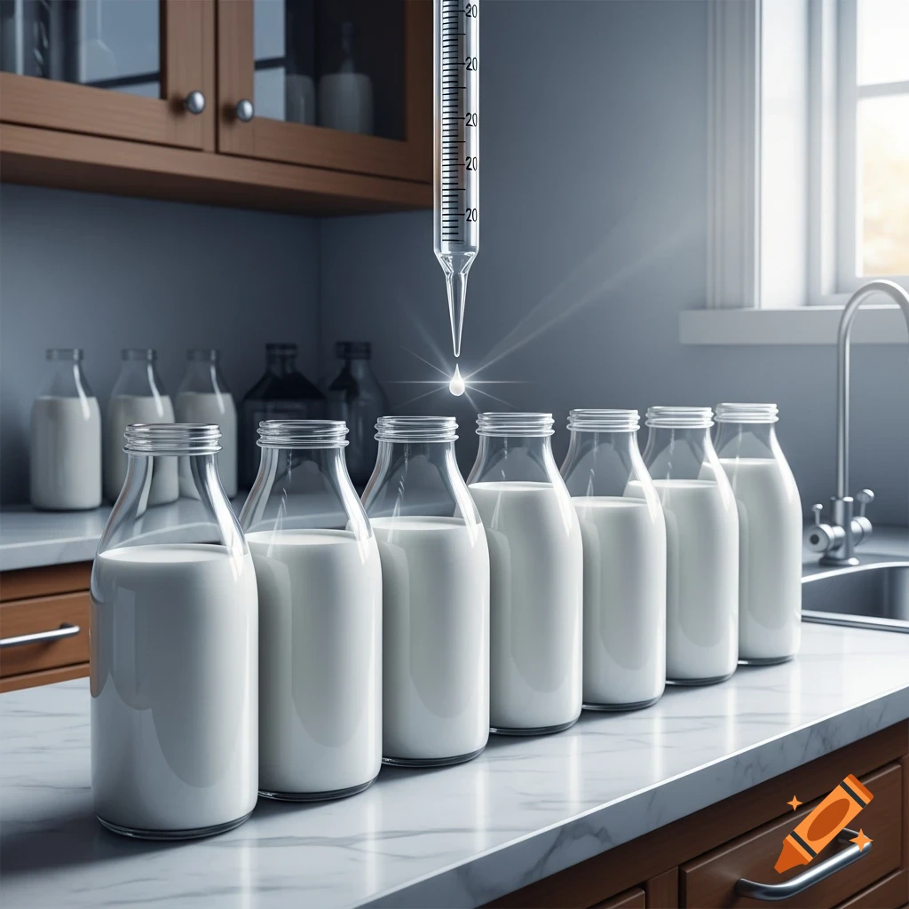 Photorealistic image of a row of milk bottles on a marble counter, with a laboratory burette dispensing a drop above them.