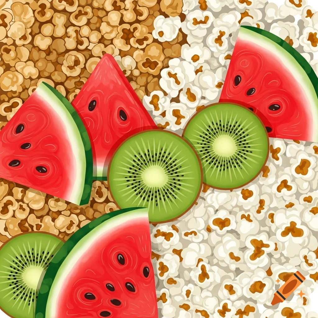 Illustrated pattern of watermelon slices, kiwi slices, and popcorn kernels.
