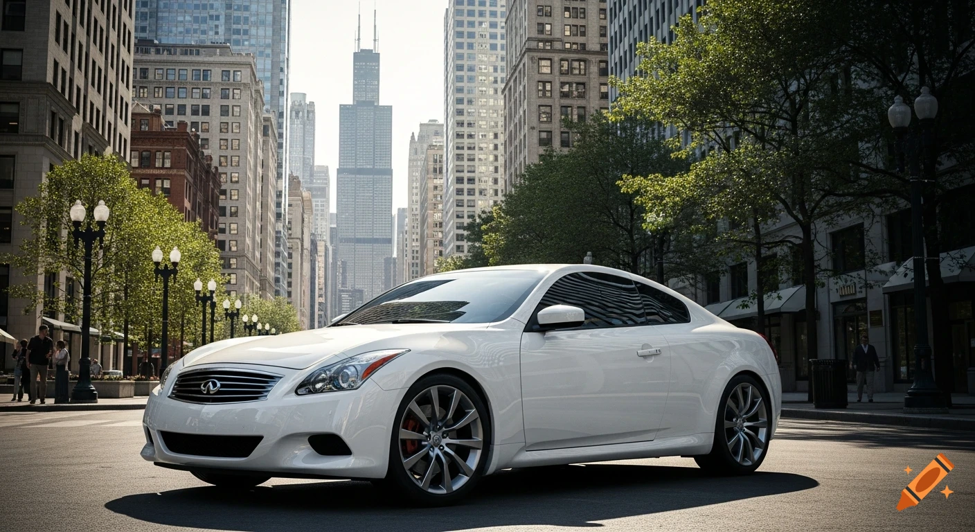Photorealistic white Infiniti G37 coupe parked on a sunny urban street with tall buildings and trees in Chicago.