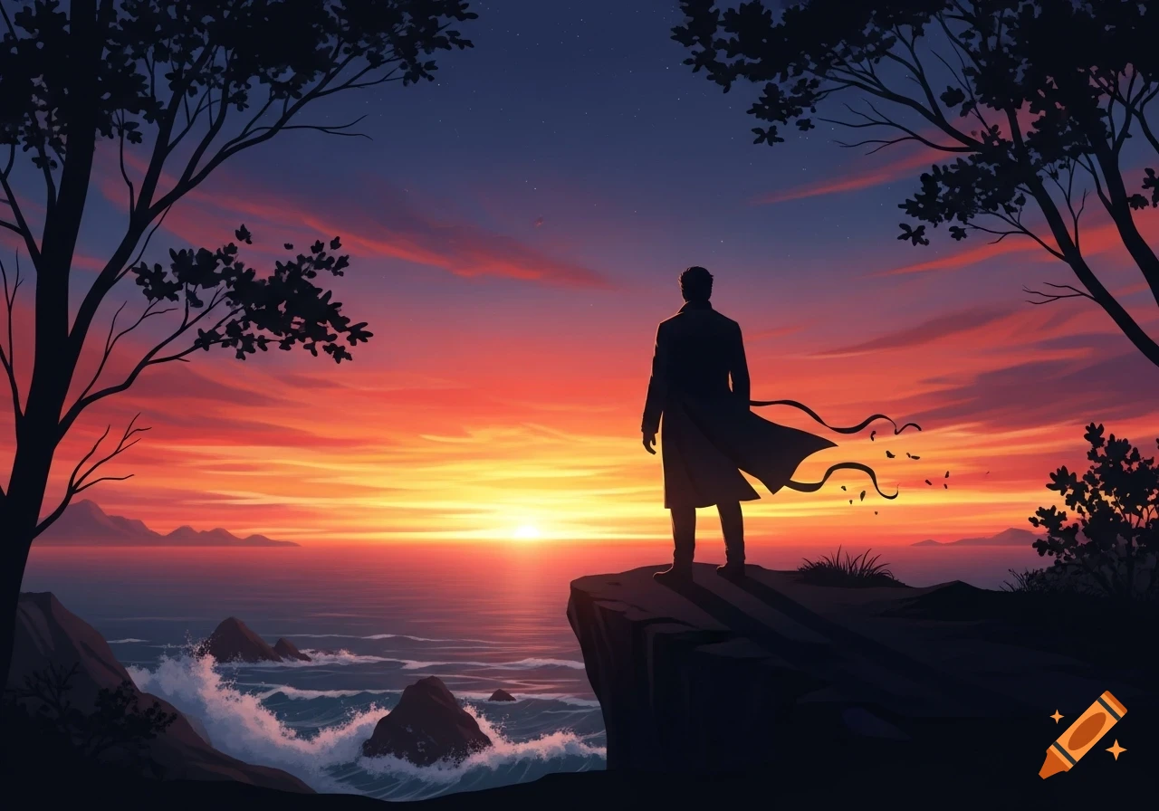 A lone man in silhouette stands on a cliff overlooking a vast ocean under a dramatic, colorful sunset sky with trees framing the scene.
