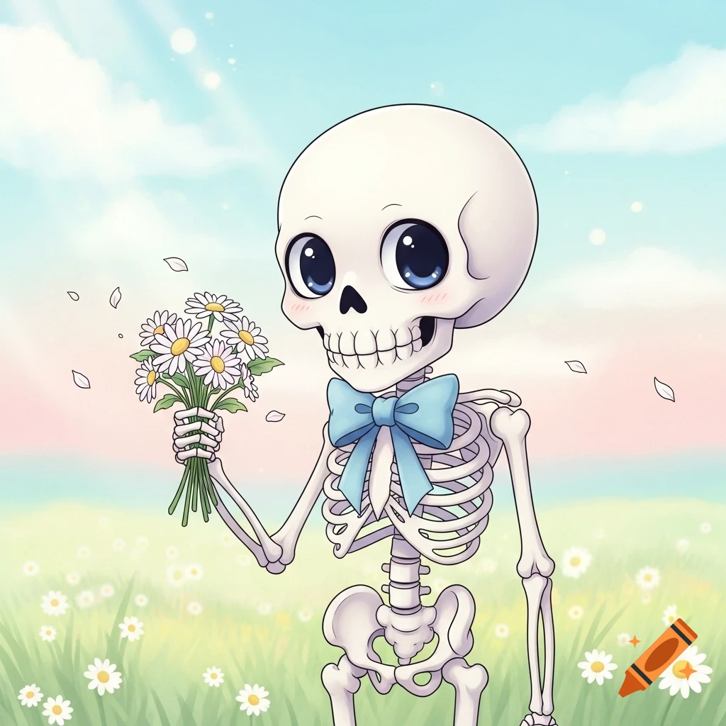 A cute anime style skeleton with big eyes, wearing a blue bow tie, holding a bouquet of daisies in a field under a pastel sky.