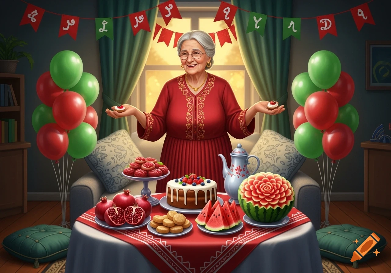 A smiling grandmother in a red dress holds sweets behind a table laden with cake, pomegranates, and watermelon, surrounded by green and red balloons.