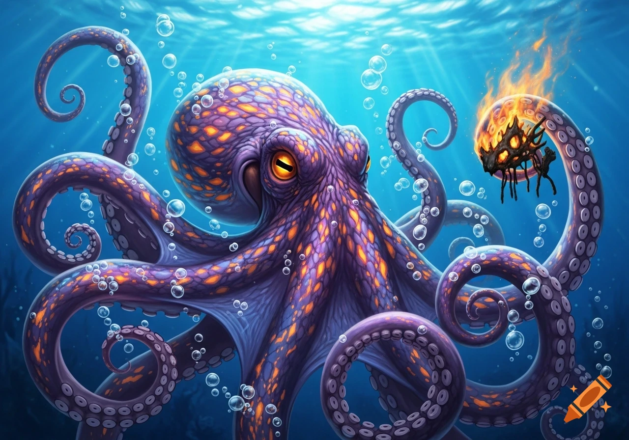 A vibrant purple and orange octopus with glowing eyes swims underwater, surrounded by bubbles, clutching a fiery, spiky dark object.