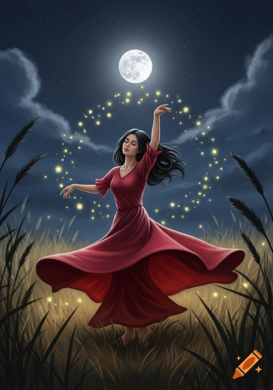 Illustrated woman in a red dress dancing barefoot in a moonlit field with glowing fireflies.