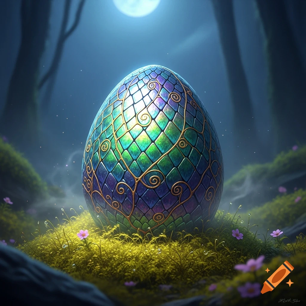 A glowing, intricately patterned dragon egg sits on a mossy forest floor under a full moon at night.