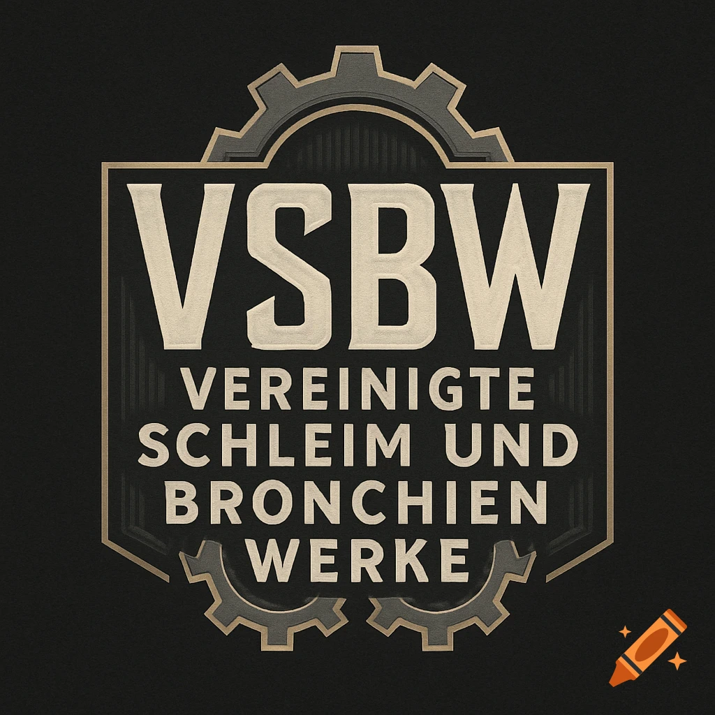 A vintage-style industrial logo on a dark background featuring the text "VSBW VEREINIGTE SCHLEIM UND BRONCHIEN WERKE" with gear elements.