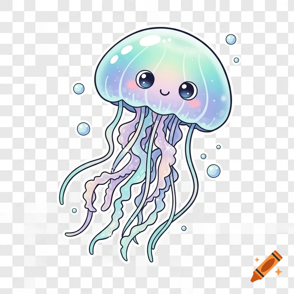 Cute kawaii cartoon moon jellyfish with large eyes and a smile, shimmering in iridescent pastel colors, surrounded by bubbles.
