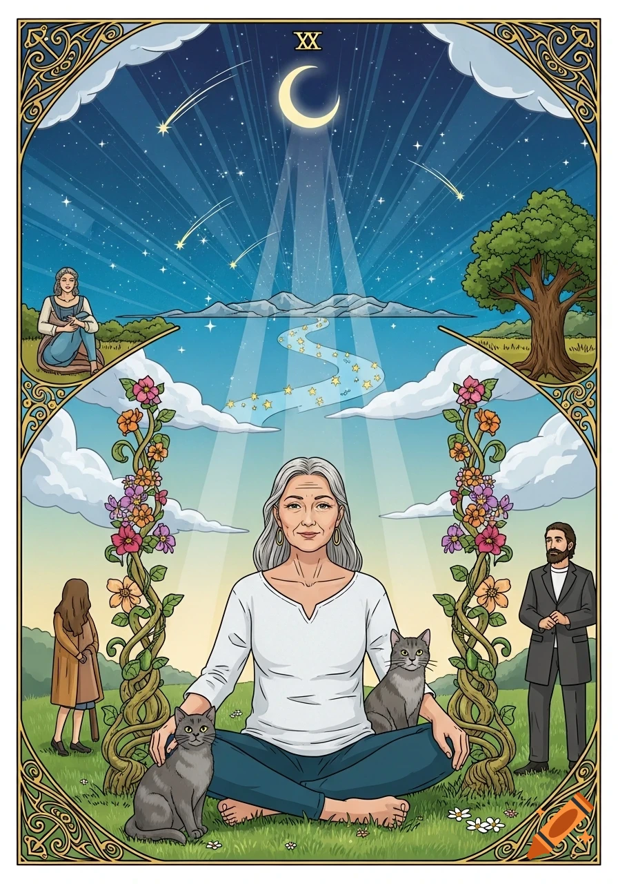 A stylized tarot card features an older woman meditating with two gray cats, surrounded by nature and celestial elements with a crescent moon and stars. Two other figures are in the background.